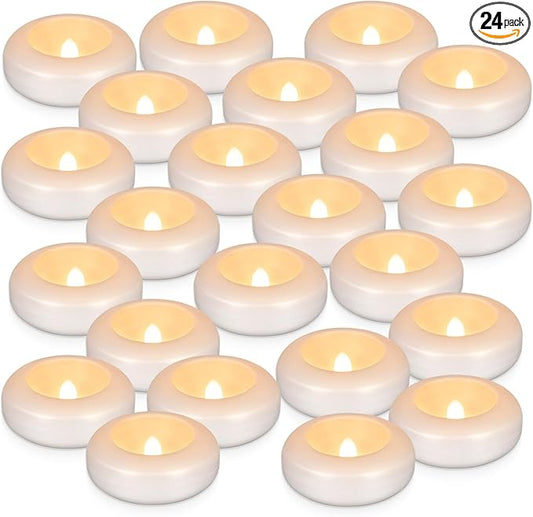 24Pack Waterproof Flameless Floating Tealights, 120+Hour Warm White Battery Flickering LED Tea Lights Candles - Wedding, Party, Centerpiece, Pool & SPA.