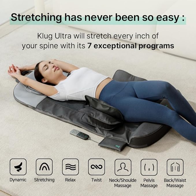 Klug Stretching Massager Ultra, Effortless auto-Stretching Mat, Ease Back & Neck Pain with 3 Intensity Levels 7 Exceptional Programs, 2 Levels of Heat Function, Foldable & Portable Design, Gray