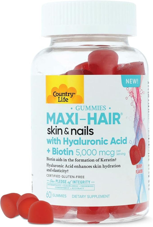 Country Life Maxi-Hair Skin & Nails Gummies with Hyaluronic Acid & Biotin 5,000 mcg – Supports Hair Growth, Skin Hydration & Nail Strength – Vegan, Gluten Free – 60 Gummies