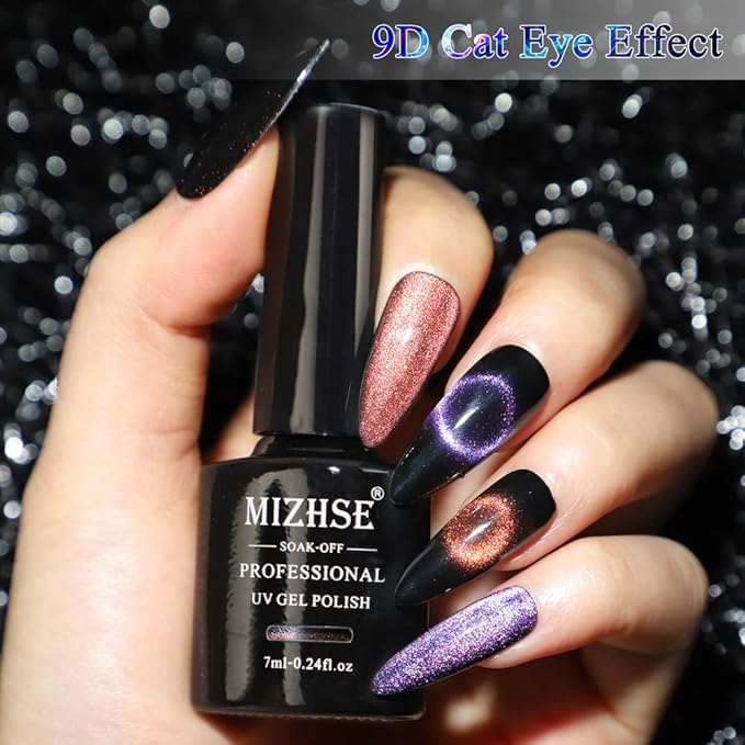 MIZHSE 2 In 1 9D Cat Eye Gel Nail Polish Kit, Upgraded Magnetic Gel Polish Set with Magnet, Shiny Chameleon Magic Galaxy Effect Soak Off Gel Nail Art Gift for Women