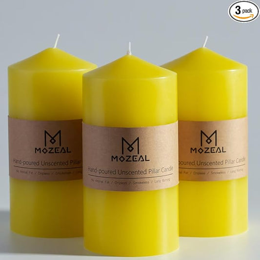MOZEAL 3" x 6" Hand-Poured Unscented Yellow Pillar Candles,Dripless Candles Set of 3,Long Lasting Burning,Approx 100 Hours Burn Time for Wedding,Dinner,Christmas and Home Decor