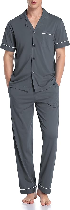 COLORFULLEAF Men's 100% Cotton Pajamas Set Button Down Sleepwear Short Sleeve and Long Pants Pjs