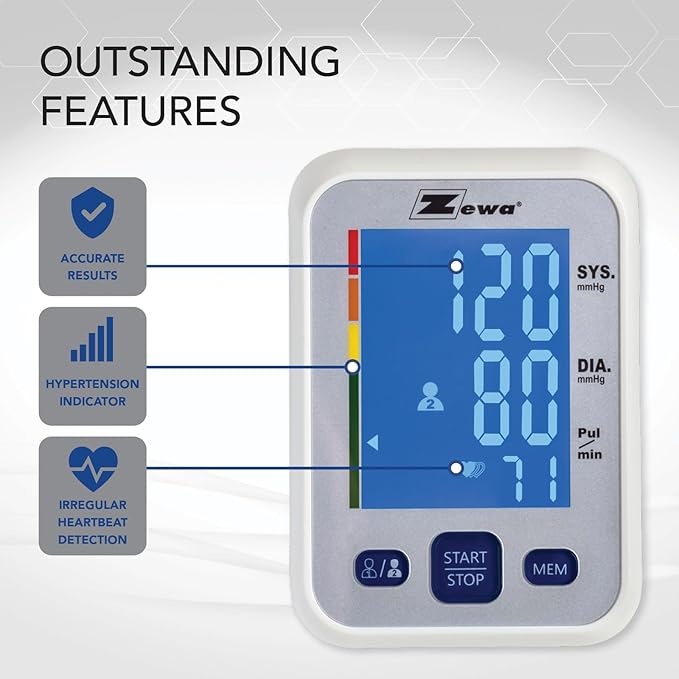 Zewa Premium Automatic Blood Pressure Monitor with Bluetooth and Extra-Large Display for Android & iOS