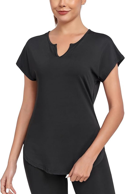 Women's Short Sleeve Workout Shirts V Neck Exercise Yoga Basic Top Quick Dry Side Split