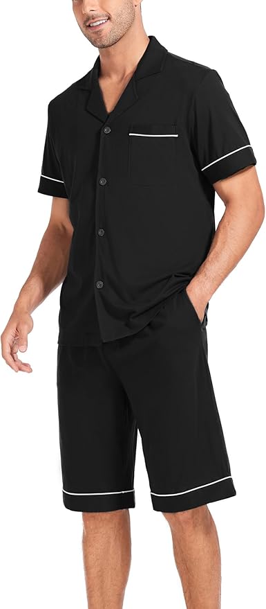 COLORFULLEAF Men's 100% Cotton Short Sleeve Pajama Sets Button Down Notched Collar Sleepwear Soft Lounge Pjs with Pockets
