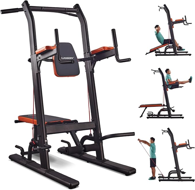HARISON Multifunction Power Tower with Bench, Heavy Duty Pull Up Bar Dip Station for Home Gym Workout Strength Training Fitness Equipment
