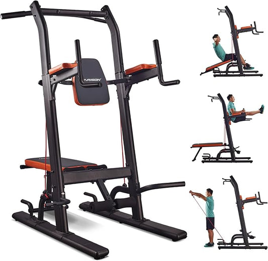 HARISON Multifunction Power Tower with Bench, Heavy Duty Pull Up Bar Dip Station for Home Gym Workout Strength Training Fitness Equipment