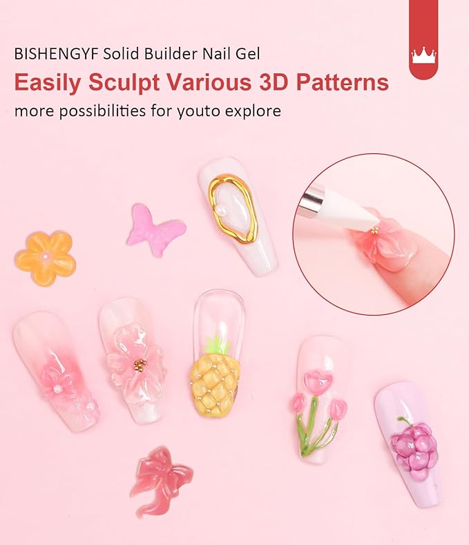 Builder Gel for Nails BISHENGYF: 4-in-1 White 3D Gel Art Non-sticky for Extension Sculpting Building Hard with Nail Art Glitter for Nails UV/LED Lamp Required