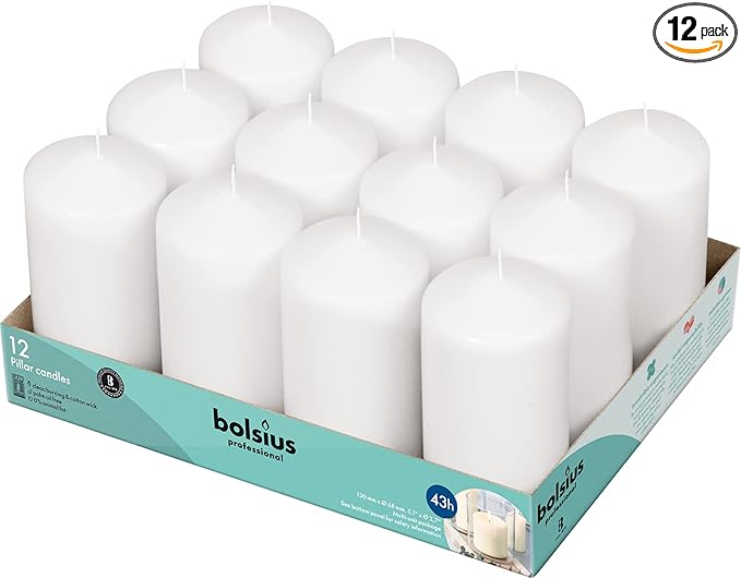 BOLSIUS 12 White Pillar Candles - 2.7 x 5.1 Inches Unscented Candle Set - 43 Hours - Dripless Clean Burning Smokeless Dinner Candle - Perfect for Wedding Candles, Parties and Special Occasions