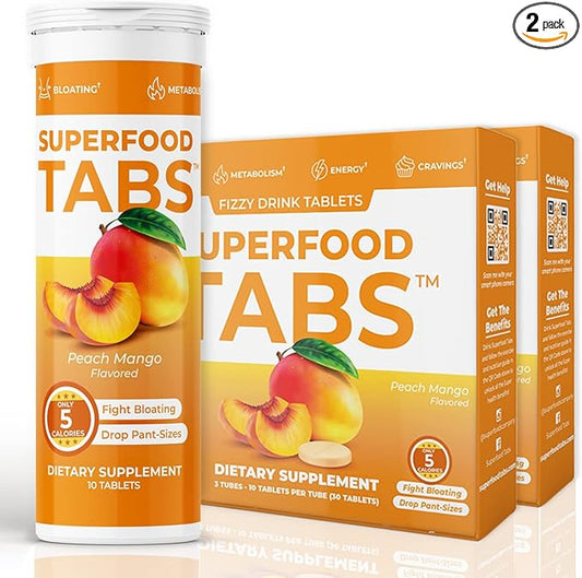 Superfood Tabs – Anti-Bloat Cleanse Drink with 15 Superfoods | Supports Digestion, Energy & Cravings | Vegan, Non-GMO | 60 Effervescent Tabs – Peach Mango Flavor