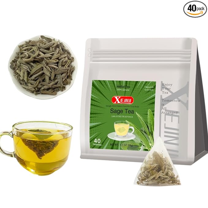 XIEJINJI Sage Tea, 40 Count, Made with 100% Natural Sage Leaves, No Additives & No Sugar & No Caffeine, Eco-Conscious Tea Bags
