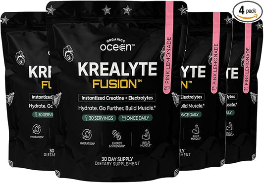Organics Ocean Krealyte Fusion - Instantized Creatine Monohydrate Powder with Electrolytes - Muscle Strength, Endurance & Hydration Support - Vegan, Sugar-Free, Pink Lemonade Flavor - 120 Servings