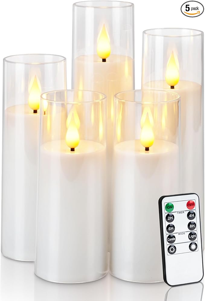 Amagic Pure White Acrylic Flameless Candles, Battery Operated Candles, Flickering LED Pillar Candles with Remote Control and Timer, Warm Yellow Light, D2.2 xH5 5" 6" 7" 8", Set of 5