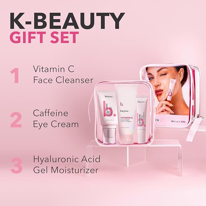 Beyou. All Day Glow Korean Skincare Bundle - K-Beauty Vitamin C Face Cleanser + Caffeine Eye Cream + Skin Booster Hyaluronic Acid Oil-Free Gel Moisturizer - 3-Step Skin Care Holiday Gift Set