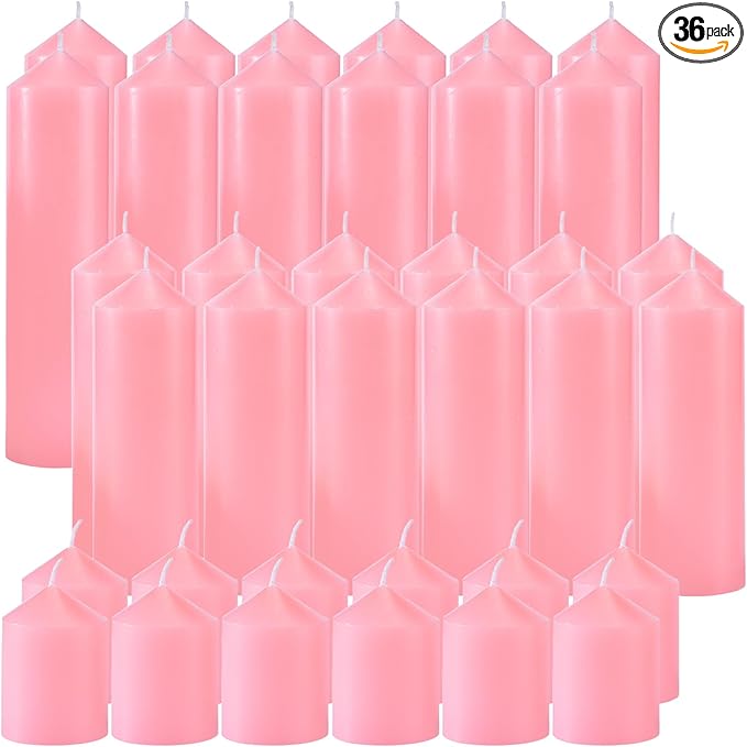 36 Pcs Pink Pillar Candles Bulk Set，Hurricane Candles，3 Different Lengths (12 Each)，Dripless Unscented Smokeless，Gives You a Better Atmosphere When Organizing Wedding or Event Party.