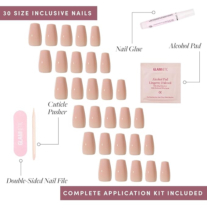 Glamnetic Press On Nails - Exposed | Medium Coffin Fake Nails, Nude Opaque Neutral, Salon Quality | 15 Sizes - 30 Nail Kit