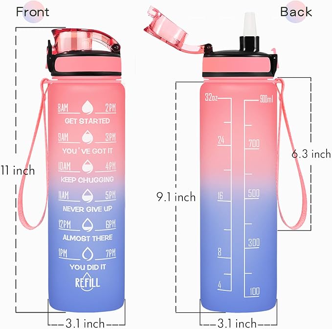 Enerbone Water Bottle, Leakproof BPA & Toxic Free, Motivational Water Bottle with Times to Drink and Straw, Fitness Sports Water Bottle with Strap for Office, Gym, Outdoor Sports