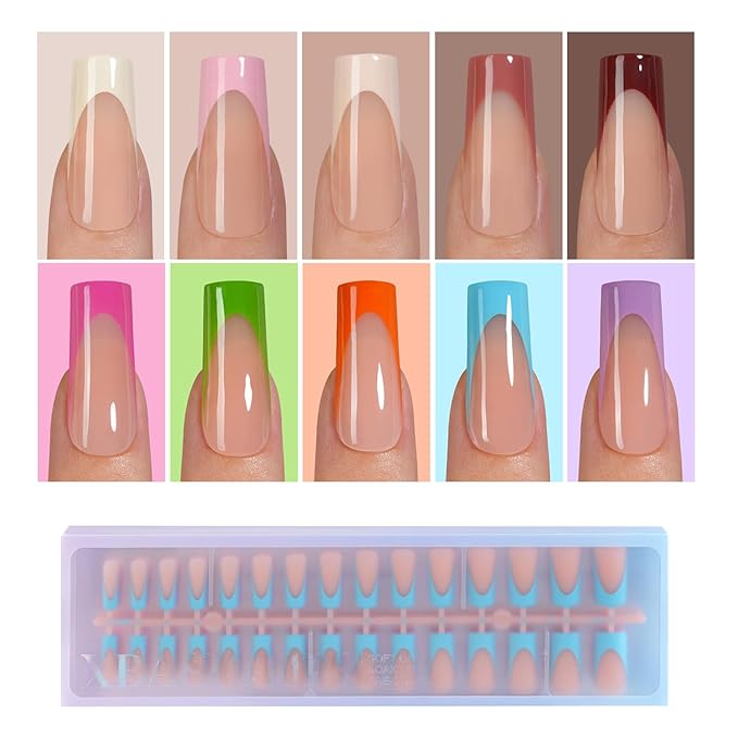 Misssix XBASICTIPS French Tip Press On Nails, 300Pcs French Gel Nail Tips Long Square, Soft Gel Pre-shaped No Need to File 3 in 1 Tips, Fake Nails for Nail Art DIY Extension Designs 15 Sizes