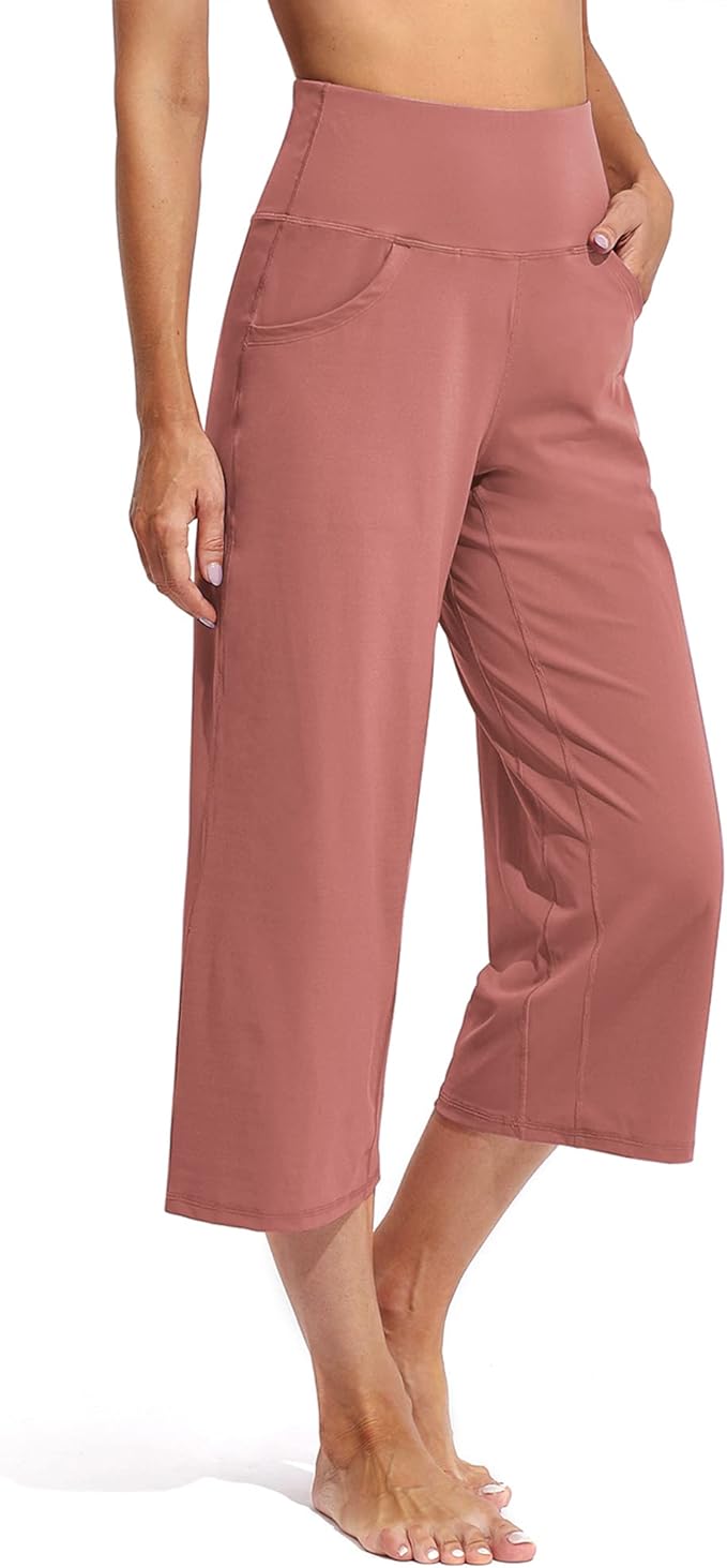 Promover Capri Pants for Women Wide Leg Yoga Cropped Pants with Pockets Loose Casual Summer Pants