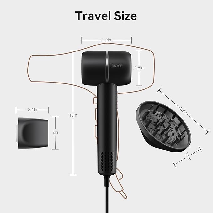 Fast Drying High Speed Hair Dryer,Negative Ionic Care Blow Dryer,Less Heat Damage Blow Dryer with Brushless Motor,Thermo-Control Low Noise with Magnetic Nozzle & Diffuser, Black