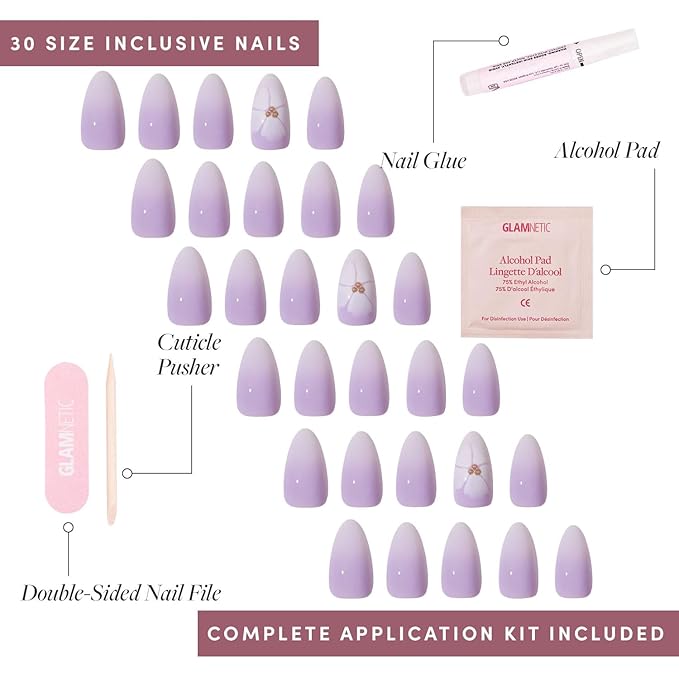 Glamnetic Press On Nails - Lilac Reef | Short Almond Purple Fake Nails with Flower Accents, Salon Quality Summer Nails | 15 Sizes - 30 Nail Kit with Glue