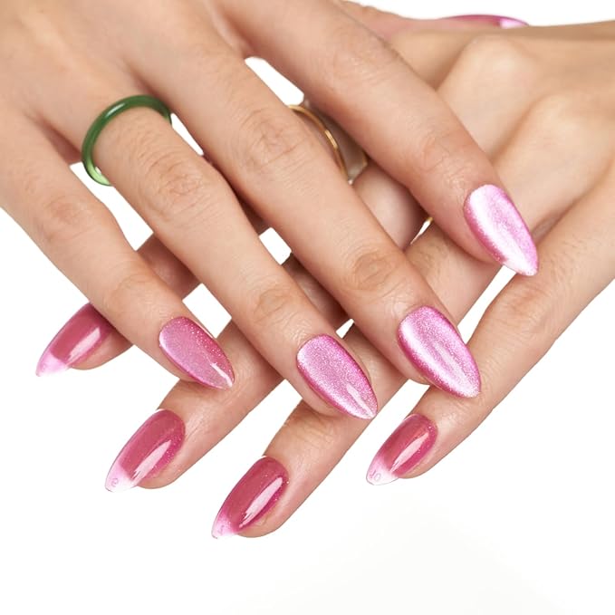 GLAMERMAID Pure Purple Magnet Cat Eye Press on Nails Short Almond, Carmine Handmade Jelly Gel Fake Nail Kits, Ombre Glitter Magnetic Glue on Nail Stiletto，Medium Oval Stick on False Nail Set for Women