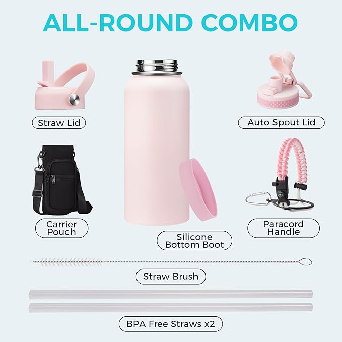 32/40/64 OZ Water Bottle with Straw - Spout Lid, Kepp Cold-48H Hot-24H, Insulated Water Bottles with Strap Carrier Bag, Paracord Handle, Protective Boot, Leakproof Metal