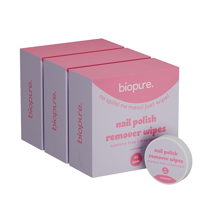 Biopure Nail Polish Remover Wipes Acetone-Free & Non-Toxic – Quick & Easy Nail Polish Removal, Travel-Friendly Disposable Pads w/Sealable Jar (90 Count, Unscented)