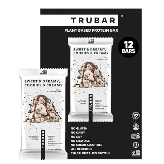 TRUBAR Vegan Protein Bar, Sweet & Dreamy Cookies and Creamy, Gluten Free, Plant Based Protein, Dairy Free, Non GMO, Soy Free, No Sugar Alcohols, 12G Protein, 12G Fiber, 23G Carb, On the Go Snack Bars, 12ct