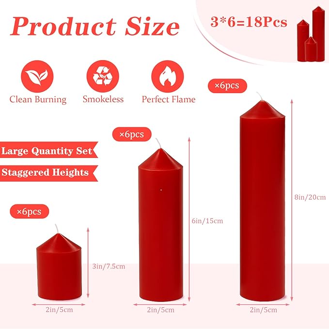 18 Pcs Red Pillar Candles Bulk Set，Hurricane Candles，3 Different Lengths (6 Each)，Dripless Unscented Smokeless，Gives You a Better Atmosphere When Organizing Wedding or Event Party.