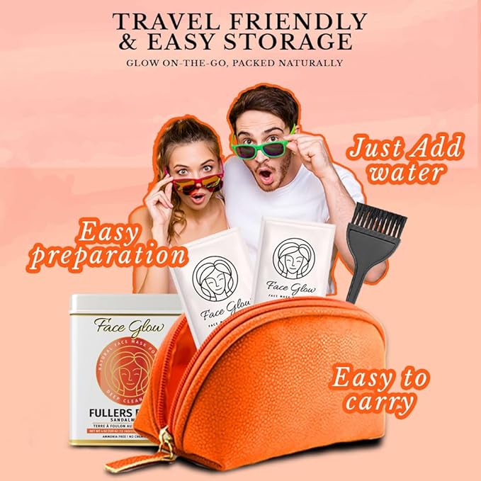 Face Glow- Fuller’s Earth w/Sandalwood - 12 Individual Sachets of Multani Mitti (10 gm each)- Reusable Brush & Tray Included- Timeless Radiance- Face Mask for Healthy Looking Skin - By Pride of India