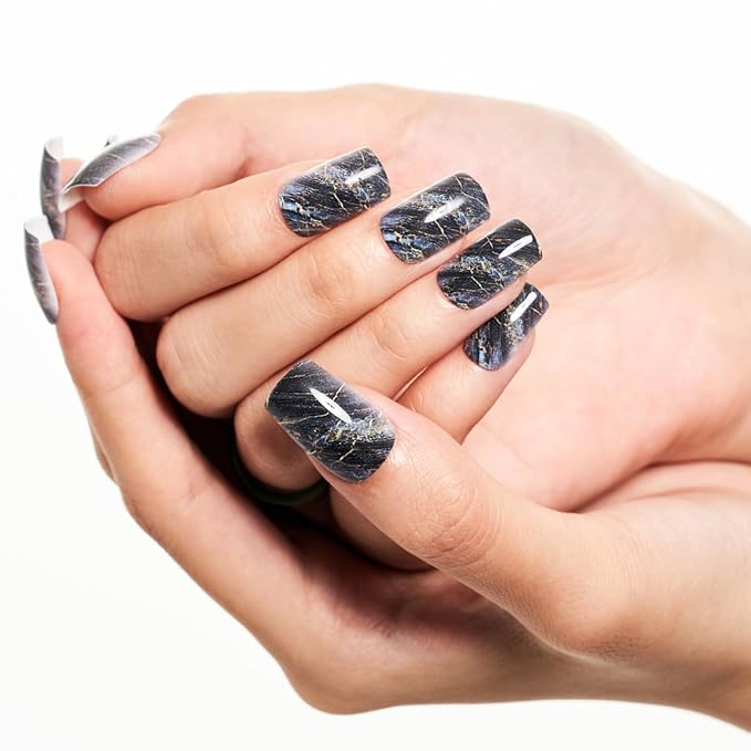 GLAMERMAID Ombre Press on Nails Medium Square, Fall Peacock Blue Marble Jelly Soft Gel Nails Square Fake Nail, Glossy Stick Glue 0n Nail Kit for Women, Reusable Stick on Acrylic Fake Nail Manicure Set