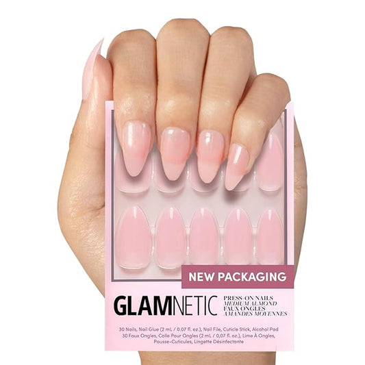 Glamnetic Press On Nails - Cloud 9 | Jelly UV Finish Medium Pointed Almond Shape, Salon Quality Pink Nail Kit in 15 Sizes, Semi-Transparent - 30 Nail Kit with Glue