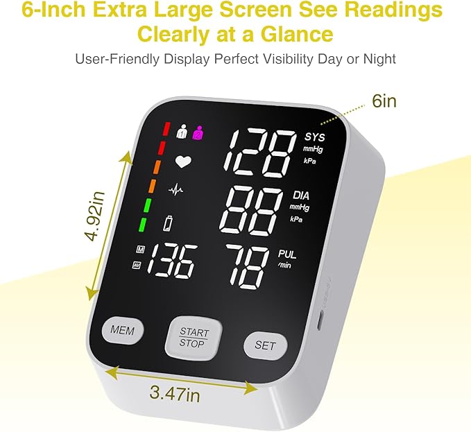 Upper Arm Electronic Blood Pressure Monitor, 6-Inch Extra Large Backlit Display, One-Button Operation, 2 Users availableOne, Pulse Rate Detection, Blood Pressure Monitors for Home Use