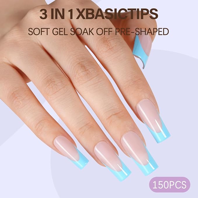 Misssix XBASICTIPS Blue French Tip Press On Nails, 150Pcs French Gel Nail Tips Long Square, Soft Gel Pre-shaped No Need to File 3 in 1 Tips, Fake Nails for Nail Art DIY Extension Designs 15 Sizes