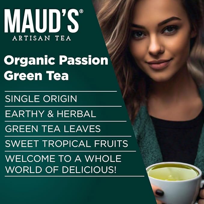 Maud's Organic Passion Green Tea Pods, 24 ct, Recyclable Single Serve Tea Pods – 100% Gourmet Blended Tea Leaves, Compatible with Keurig K Cups Maker