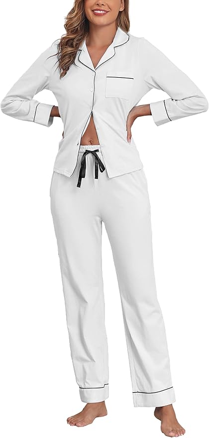 Veseacky 100% Cotton Pajamas for Women Set Long Sleeve Button Down Sleepwear Soft Pjs Lounge Sets with Pockets S-XXL