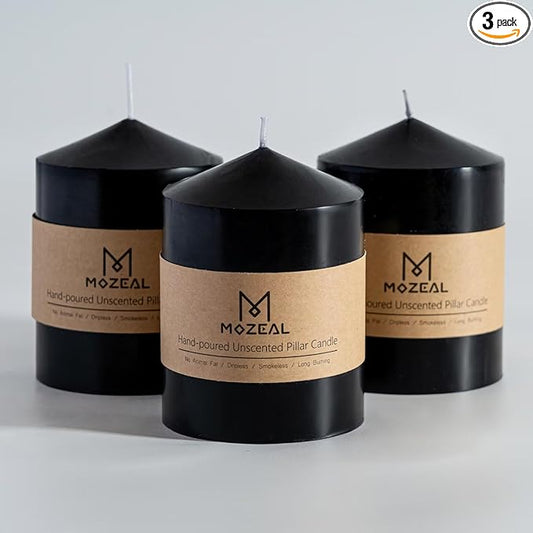 MOZEAL 3" x 4" Hand-Poured Unscented Black Pillar Candles,Dripless Candles Set of 3,Smokeless,Clean Burning,Approx 60 Hours Burn Time,Wedding,Dinner,Halloween and Home Decor（3 Inch Width Series）