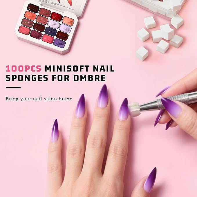 Sponges Pat Gel Nail Polish Palette, 16 Colors Blending Ombre Gel Polish Set Patting Gradient Painting Nails Art, No Wipe, UV/LED Cured, 100Sponges 6Brushes 1Grabber Tools Kit (Set 06)