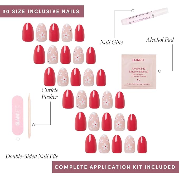 Glamnetic Press On Nails - Red Blossom | Glossy and Matte Short Oval Nails with Floral Accents, Salon Quality | 15 Sizes - 30 Nail Kit with Glue