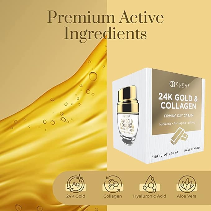 Clear Beauty 24K Gold & Collagen Daily Face Moisturizer - Dermatologist Tested, Reduces Fine Lines, Anti-Aging, Clean Beauty, Cruelty-Free Korean Skincare, All Skin Types - 1.69 oz