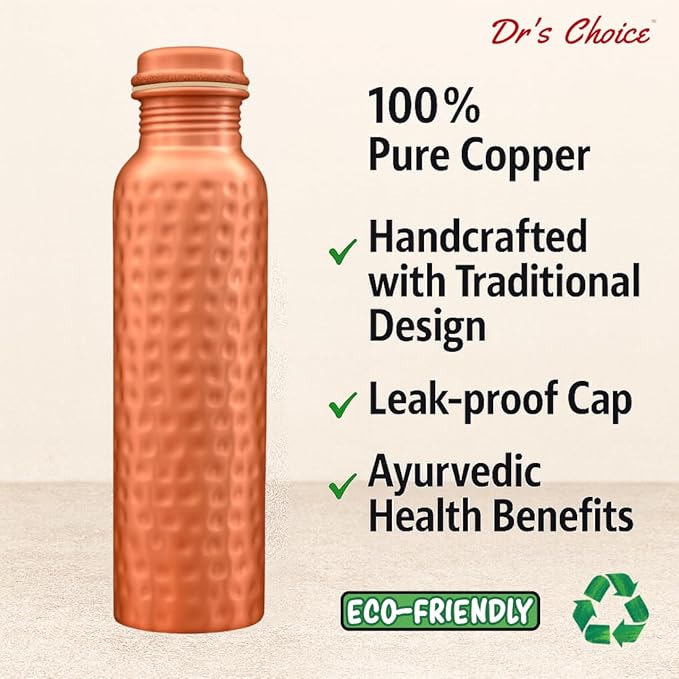 Dr's Choice; By Copperking Copper Water Bottle for Drinking 32 Oz | Ayurvedic-Inspired, Hammered Design, Eco-Friendly, Men and Women For Yoga & Fitness Use (Hammered)