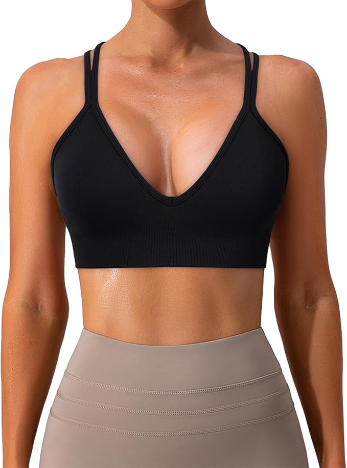 Sports Bra for Women V-Neck Strappy Criss Cross Yoga Bra Padded Medium Support Workout Gym Athletic Fitness Bras 3 Pack