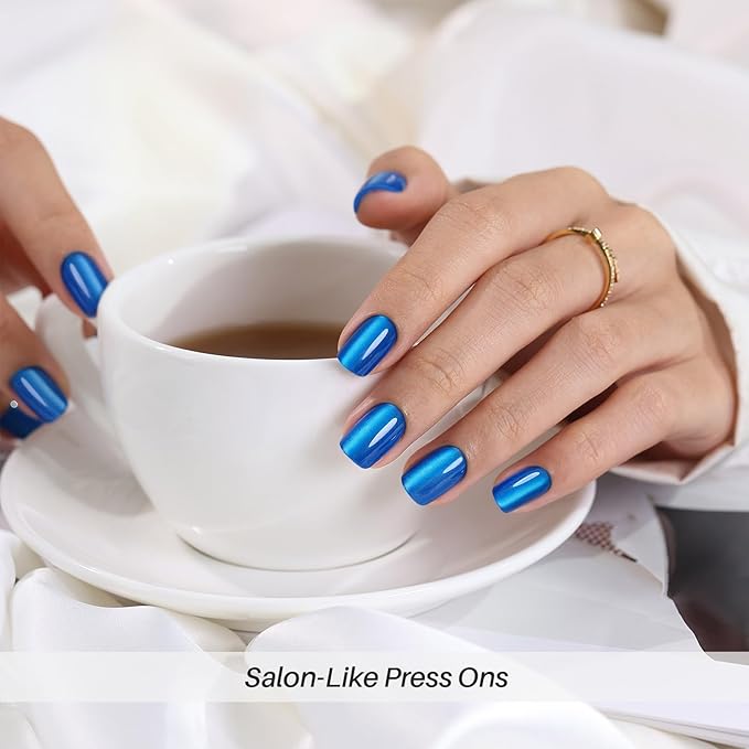 Blue Cat Eye Press on Nails Square - Soft Gel Press on Nails Short for Women Gift, Fit Perfectly & Natural Stick on Nails with Glue in 16 Sizes - 32 Reusable Fake Nails, Royal Blue