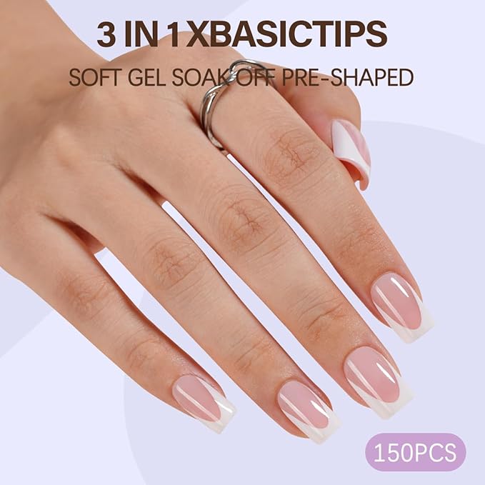 Misssix XBASICTIPS Deep French Gel Nail Tips, 150Pcs Soft Gel French Tip Press on Nails, Short Square Pre-shaped False Nails, No Need to File Fake Nails for Nail Art DIY