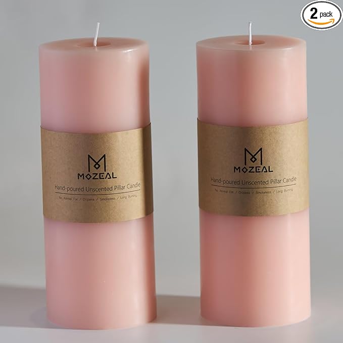 MOZEAL 4" x 10" Extra-Large Pearl Blush Pillar Candles (Set of 2), Unscented, Dripless, Smokeless, Long Clean-Burning, Tall 10 inch Large Pearl Blush Pillar Candles for Weddings and Mother's Day Decor