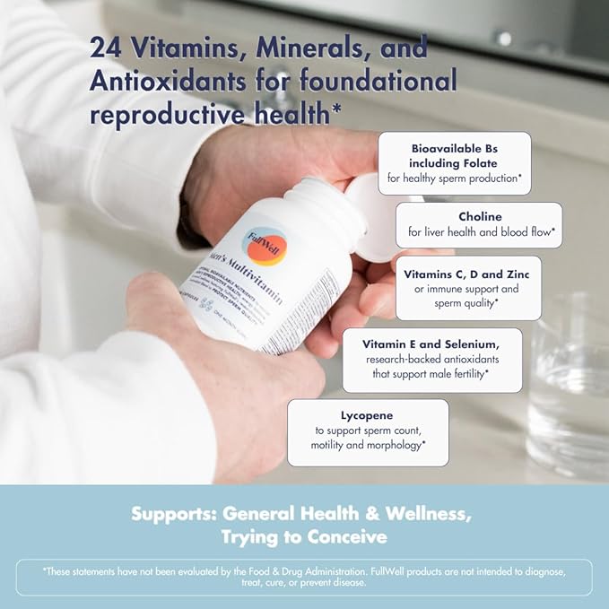 FullWell Men's Daily Multivitamin with Vitamin D, Antioxidants, Choline, and B Vitamins for Optimal Sperm Quality, Hormone Health, and Overall Male Fertility, 3rd Party Tested, 30 Servings