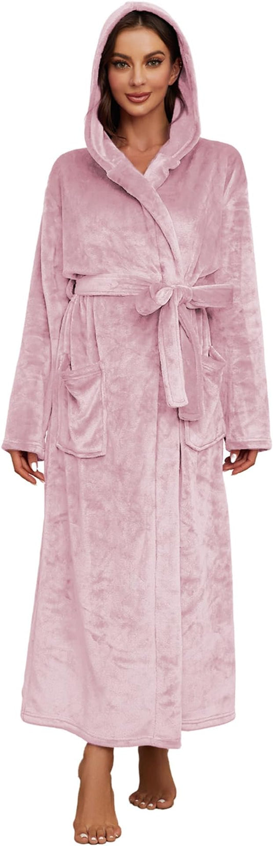 HEARTNICE Womens Long Hooded Robe, Soft Warm Fleece Bathrobes Full Length Plush House Coat