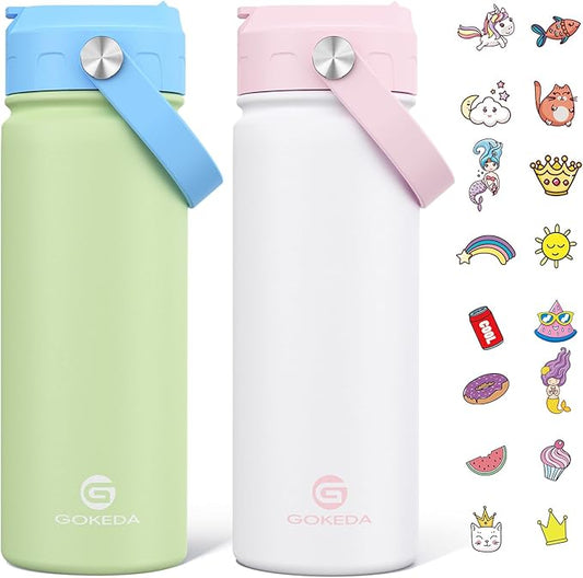GoKEDA 18oz Kids Water Bottle, 2 Pack Insulated Bottles with Stickers, 18/8 Stainless Steel Vacuum Leak Proof Straw Cup for School, Gifts for Boys Girls(White+Green)