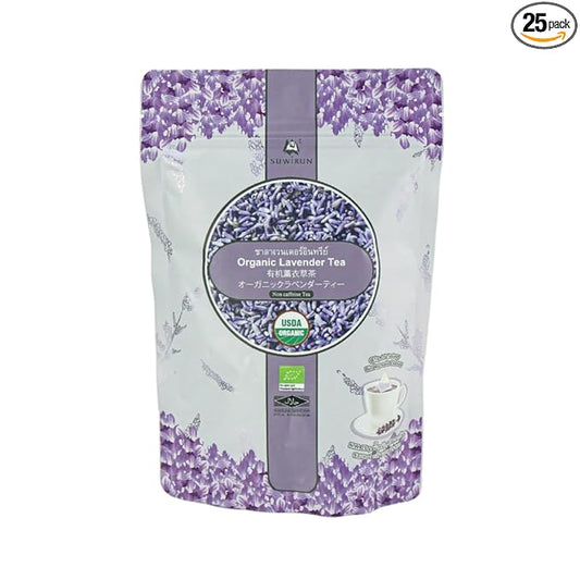 Suwirun Organic Lavender Tea 25 Bags – 100% Lavender Flowers – Aromatic & Calming, Caffeine-Free – Supports Stress Relief, Relaxation & Better Sleep